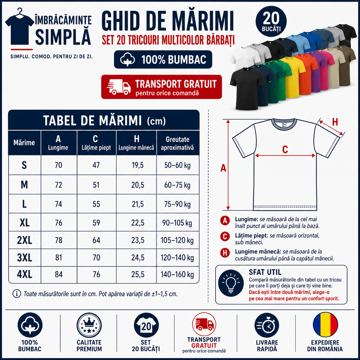 Tabel de mărimi pentru setul de 20 tricouri din bumbac pentru bărbat